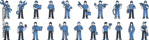 Professional workers and technicians collection with mechanics engineers repairmen and service specialists flat vector characters set
