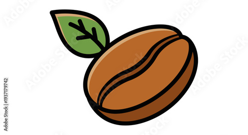 Brown coffee bean with green leaf.