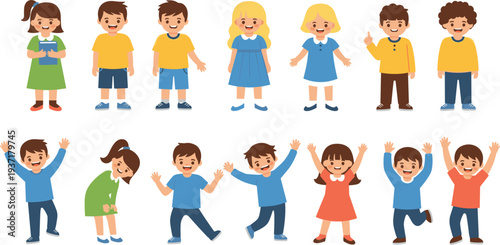Cute cartoon kids characters collection with happy boys and girls standing and playing colorful flat vector illustration set