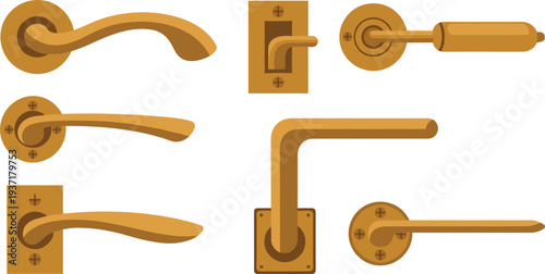 Golden Door Handles and Door Lever Hardware Set Interior Door Handle Collection Flat Vector Illustration