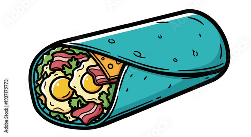 Colorful cartoon breakfast burrito with eggs.