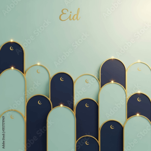 Cute, flat vector 3D render of an elegant Islamic scene featuring a golden crescent moon, stars, and traditional archways amidst dreamy clouds, ideal for Ramadan or Eid celebrations and greetings