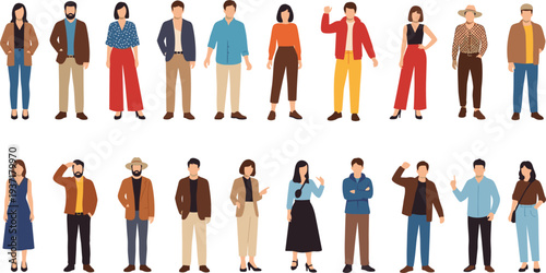 Flat vector set of diverse men and women characters standing in casual outfits modern people collection isolated illustration