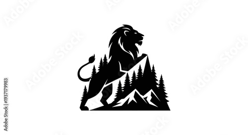 Lion silhouette overlooking mountain trees