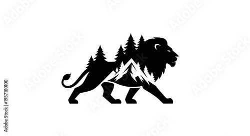 Lion symbol with mountains and trees