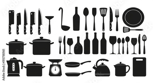 Collection of Kitchen Utensils and Cookware Silhouettes.