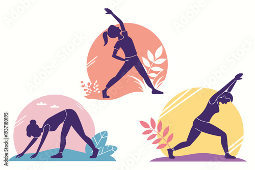 Fitness Yoga Poses and Healthy Lifestyle Vector Silhouettes