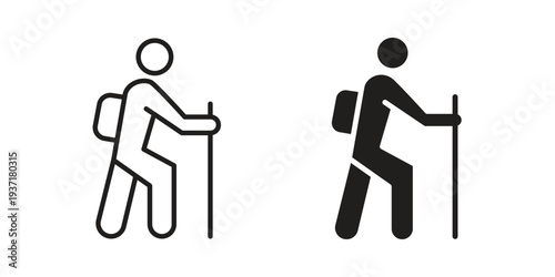 Hiking icon with editable stroke and solid design vectors