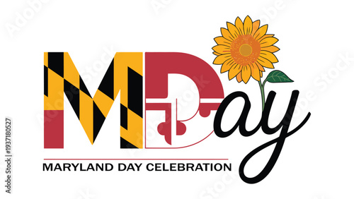 maryland day celebration typography with maryland flag themed lettering and sunflower illustration, patriotic state holiday design banner
