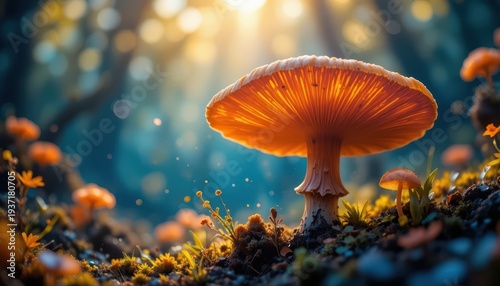 Enchanting Orange Mushroom Captured Amid Sunlit Forest in a Tranquil Natural Setting