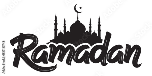 Black silhouette ramadan greeting card with mosque and crescent moon