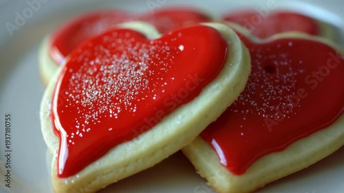Heart-shaped cookies with red icing and sugar. Glossy finish reflects soft, warm lighting. Sugar crystals sparkle subtly on surface. Cookies sit close on a plain white plate
