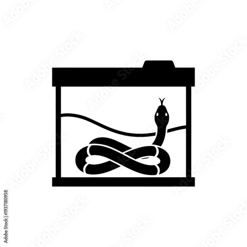 A black silhouette of a snake coiled inside a rectangular aquarium or terrarium silhouette