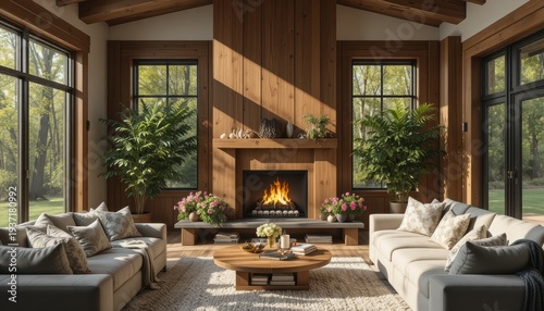 Cozy Living Room with Wooden Fireplace Surrounded by Natural Light and Greenery in a Rustic Home