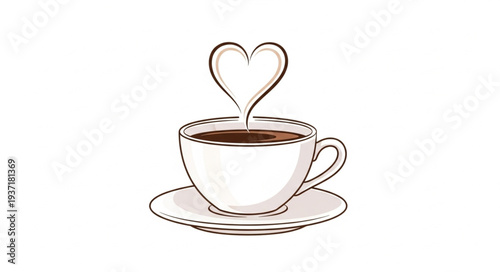 Cup of coffee with steam forming a heart shape.