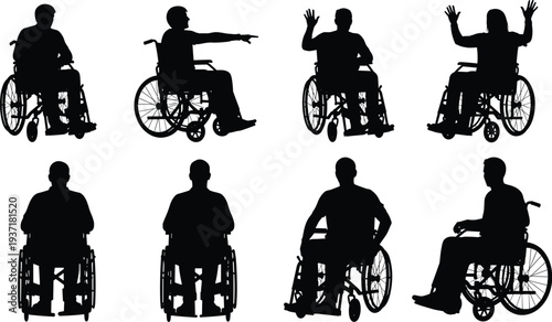 People in wheelchair silhouette icons set with various disabled person poses, accessibility mobility symbol, handicap patient equipment, medical healthcare assistance, njury recovery