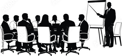 Business meeting with silhouettes of people around a table and a presenter at a whiteboard vector illustration