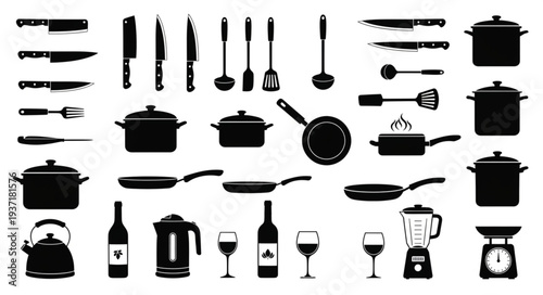 Collection of Kitchen Utensils and Cookware Silhouettes.