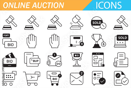 Online Sale Bidding Platform Black Line Icons Collection