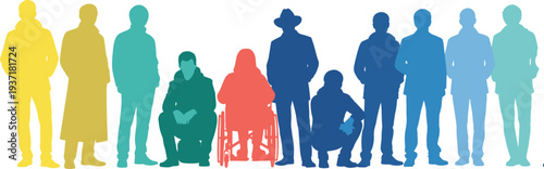 Colorful Silhouettes of People with Diverse Abilities and Attire Keywords: people, silhouettes, colorful, diverse, abilities