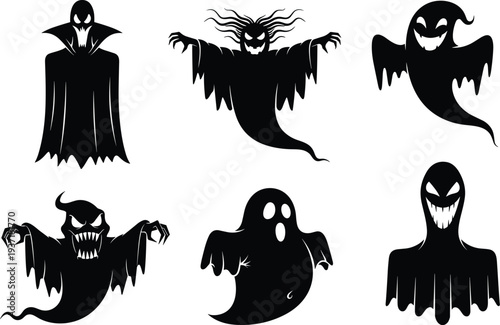 Set of spooky ghost silhouettes, scary phantom characters, dark spirit icons, mysterious haunting specters, halloween horror elements,  creepy undead spirits, ghostly entities.