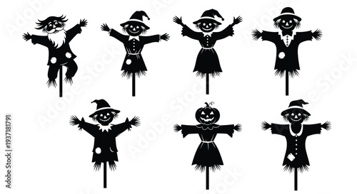 Set of scarecrow silhouette vectors featuring pumpkin heads and straw hats for Halloween decor, autumn harvest festivals, farm themes, and seasonal garden landscape decorations