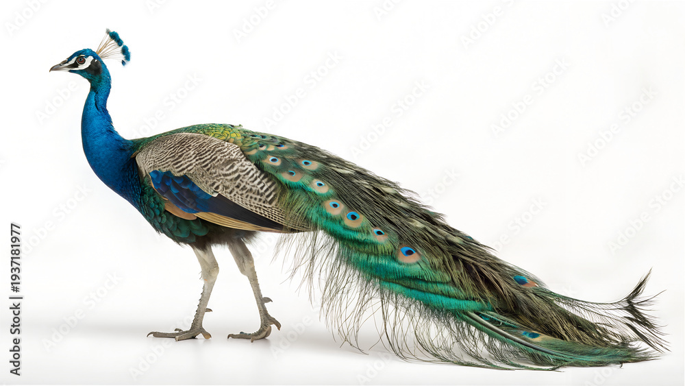 Fototapeta premium Majestic Peacock with Vibrant Tail Feathers on White Background