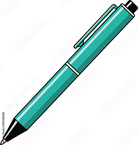 Turquoise ballpoint pen illustration in simple flat style, office stationery writing tool icon isolated on minimal background representing education, business supplies, 