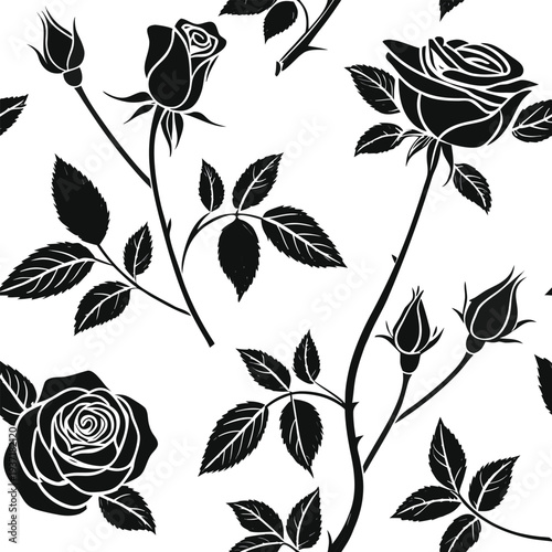 Seamless Vector Pattern of Black Rose Silhouettes: Elegant Floral Background with Detailed Flower Blossoms, Buds, and Leaves for Textile, Wallpaper, and Luxury Packaging Design