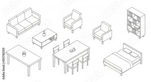 Isometric line drawing of various furniture items for home interior design.