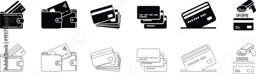 Set of credit cards and wallets vector illustration, financial transactions and payment methods icons