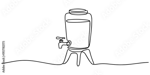 stand and faucet continuous one line drawing, Continuous line drawing of a beverage dispenser with stand and faucet. Non editable stroke