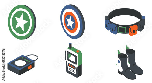 Set of Six Isometric Graphic Objects Including Two Shields Utility Belt Walkie talkie Audio Player and Boots