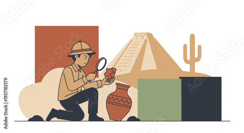 Archaeologist Examining Ancient Pottery Shard with Magnifying Glass Near Mayan Pyramid and Saguaro Cactus
