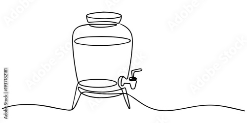 stand and faucet continuous one line drawing, Continuous line drawing of a beverage dispenser with stand and faucet. Non editable stroke