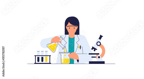 Female Scientist Carefully Pouring Yellow Liquid from Flask into Beaker in Laboratory Next to Microscope and Test Tubes