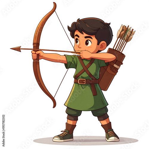 Young Archer in Action: A determined young archer stands ready, bow drawn and arrow nocked, eyes focused, embodying skill and precision, in a vivid and dynamic illustration.