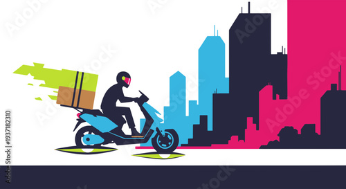 Delivery Scooter Rider with Package Moving Fast Through a Stylized Cityscape at High Speed