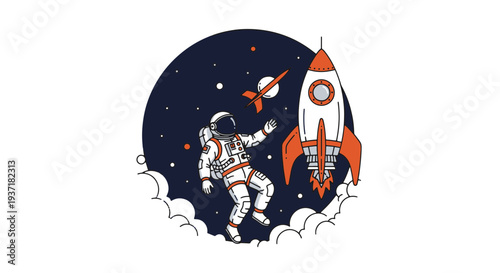 Astronaut Floating in Space Near a Launching Rocket and a Small Satellite Surrounded by Stars and Nebulae