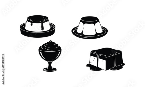 Black and white illustration of various dessert items on a white background