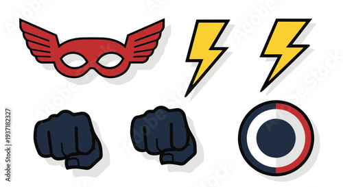 Set of Superhero Graphic Elements Including a Winged Mask Lightning Bolts Fists and a Round Emblem