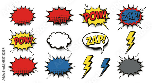 Retro Comic Book Explosion and Lightning Bolt Sound Effect Graphics Set with Empty Space for Text