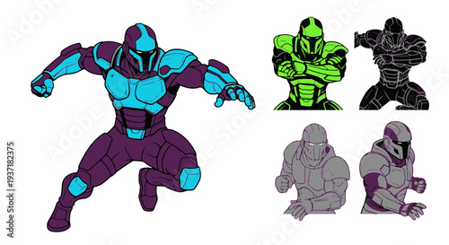 Dynamic Cyborg Warrior in Action Pose Neon Blue and Purple Armor Energetic Stance Full Body View