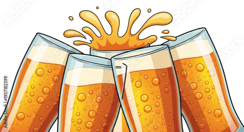 Four glasses of beer clinking together in a toast celebration.