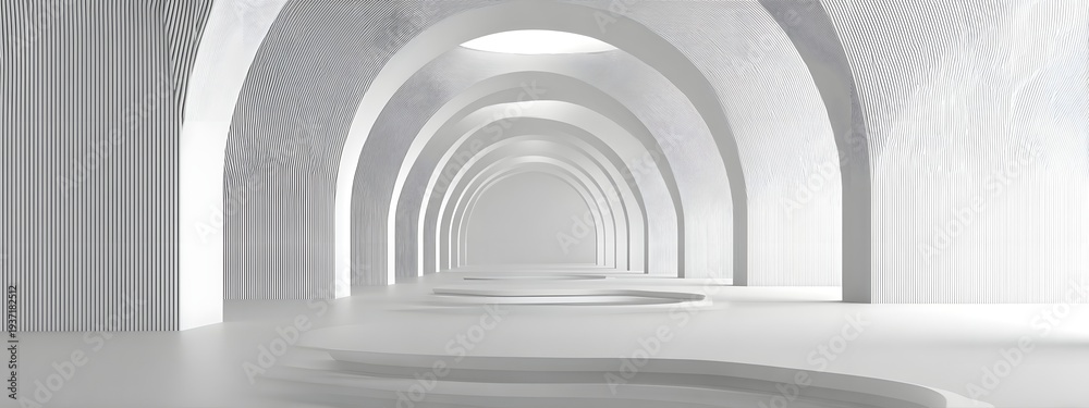 Obraz premium White empty room with modern arched tunnel design, clean architectural interior featuring smooth curves and minimal light, creating a contemporary abstract space