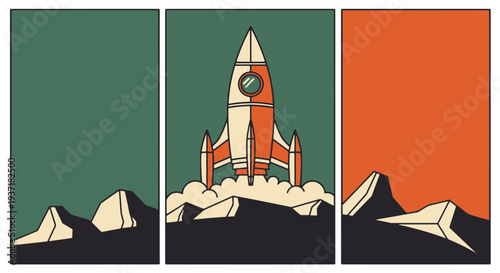 Stylized Retro Rocket Launching Upwards from a Rocky Alien Planet with Plumes of Smoke and Distant Mountain Ranges