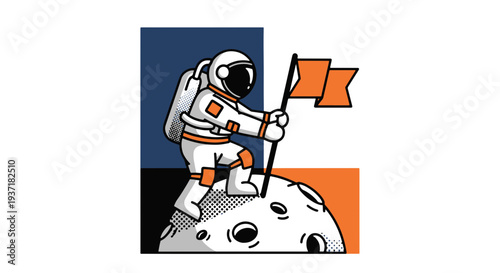 Stylized Astronaut Planting Flag on Moon Surface with Geometric Background Blocks Concept of Discovery and Space Exploration