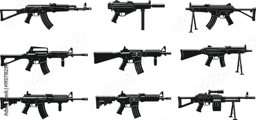 Vector silhouette collection of modern assault rifles featuring tactical machine guns with scopes bipods and magazines for military games defense industry and security icons