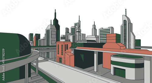 Futuristic Cityscape with Sleek Skyscrapers and Elevated Transit Lines Under a Clear Sky