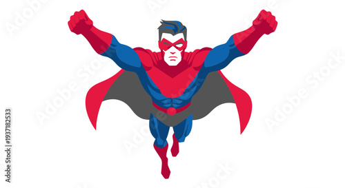 Dynamic Superhero Flying Forward with Cape Billowing Fists Raised in a Dramatic Comic Book Style